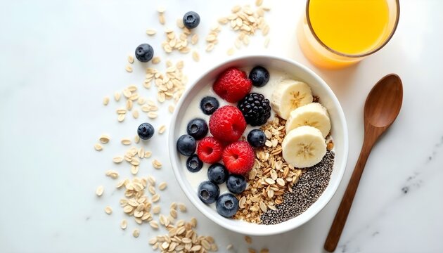 HD top-down photography of a healthy breakfast flat lay: a bowl of granola with fresh berries, sliced banana, chia seeds, and almond milk, surrounded by a glass of orange juice, a wooden spoon, and sc