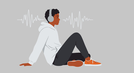 A young man with headphones is listening to music while sitting on the floor, surrounded by sound waves © arfanah02