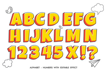 Cartoon and kids themed alphabet and numbers on a white background. Editable vector illustration