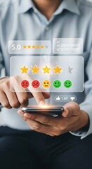 Authentic lifestyle" moment capturing an individual's "emotional connection" with a mobile device, assessing service quality with stars and emoticons, reflecting modern "consumer feedback" and "digita