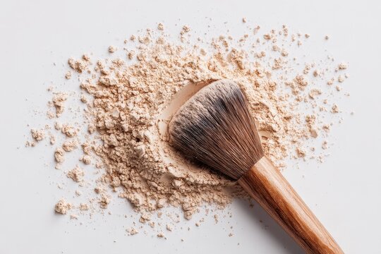 Beige powder makeup and brush placed on white surface, top down beauty layout for skincare, cosmetics branding or makeup tutorial design
