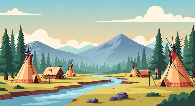 A serene illustration of Native American teepees nestled in a valley, beside a river, with mountains in the background.