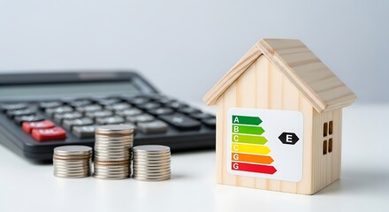 This "creative concept" illustrates the intersection of "real estate investment" and "sustainability," featuring a model house, "money management" tools, and an "energy rating" to represent "cost savi