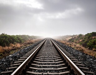 Fototapeta premium Misty railway tracks stretching into a hazy distance