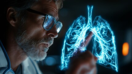 Male Doctor Using Holographic Lung Diagnostic Screen.