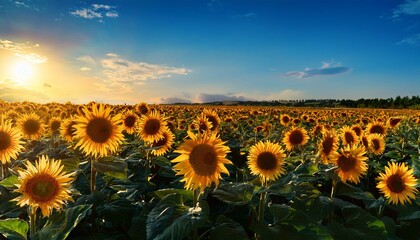 vibrant sunflowers growing against a bright blue sky in late summer afternoon