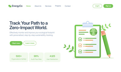 A landing page concept for sustainability tracking, featuring a clipboard with a checklist and a green pencil, focusing on ecological footprint and zero-impact solutions.