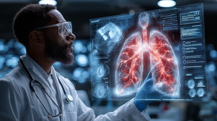 Male Doctor Using Holographic Lung Diagnostic Screen.