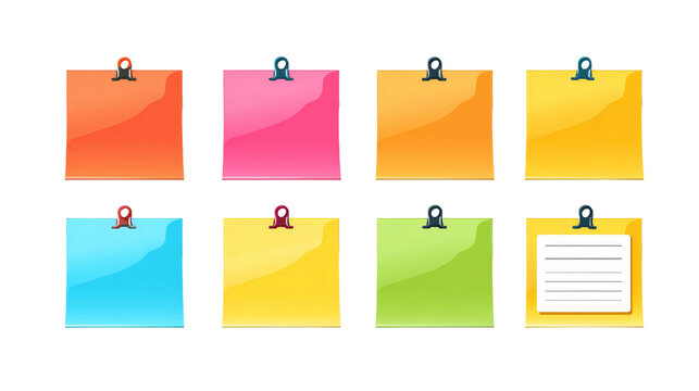 Colorful sticky notes with clips are arranged in two rows on a transparent background.