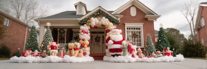 Festive christmas front yard with santa and balloon decorations
