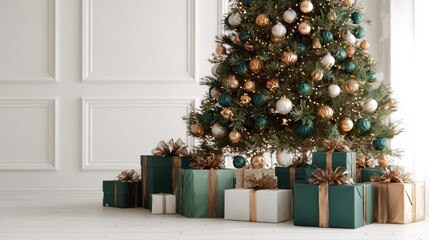 flat lay style holiday photo of a bright room with decorated tree, string lights, and five beautifully wrapped bronze and forest green presents on white floor