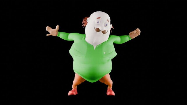 3d render buncit in action. character of a half-bald old man with a pot belly. transparent background. PNG sequence.
