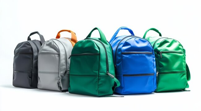 Different angles of colorful school backpacks on display.