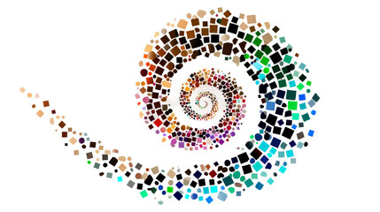 Colorful square and circle shapes follow a spiral path with decreasing size on the isolated object.
