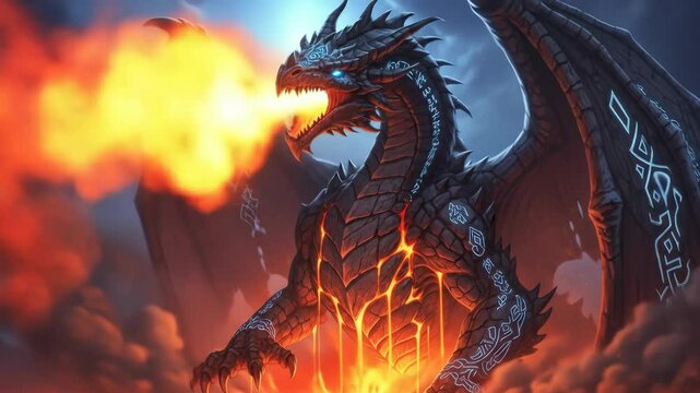 Majestic Dragon Breathing Fire Against Cloudy Blue Sky Digital Artwork