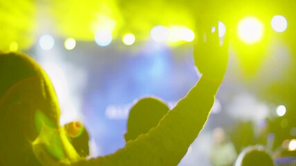 Person raises hand at outdoor concert or worship event, with colorful stage lighting and blurred background. Ideal for music, celebration, church or festival atmosphere footage. Backside medium shot