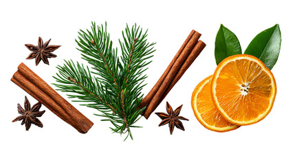Christmas ingredients present orange slices leaves cinnamon sticks and star anise on a transparent background.