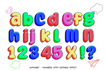 Colorful children's-themed alphabet and numbers on a white background. Editable vector illustration