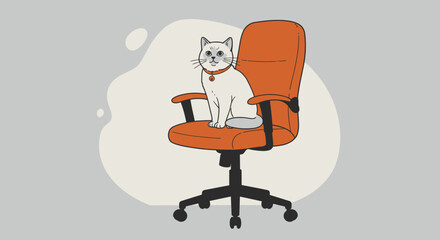 A cute cartoon cat with blue eyes is sitting on an orange office chair, looking directly at the viewer
