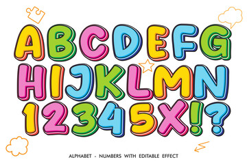 Unique abstract alphabet letters and numbers in bright colors isolated on white background. Editable vector illustration