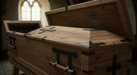 A rustic wooden coffin rests in a dimly lit chapel, its lid ajar, revealing a dark interior.  Gothic architecture is visible through a nearby window