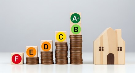 A miniature wooden house stands beside an ascending stack of coins topped with energy efficiency ratings from F to A+, symbolizing increasing sustainability and smart home investment.