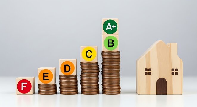 A miniature wooden house stands beside an ascending stack of coins topped with energy efficiency ratings from F to A+, symbolizing increasing sustainability and smart home investment.