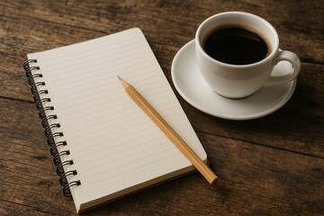 A cup of black coffee sits next to a spiral notebook and wooden pencil on a rustic wooden table