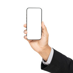 Hand holding the black smartphone with mockup of blank screen on isolated white background