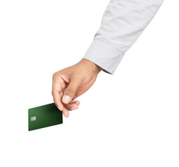 Businessman hand holding credit card on isolated white background.