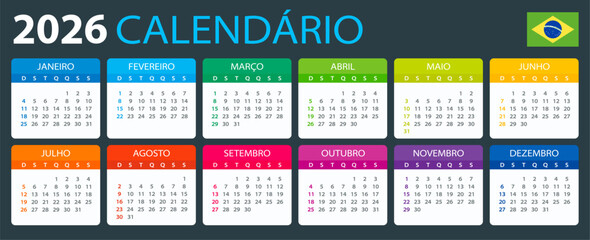 2026 Calendar - vector illustration, Brazilian version