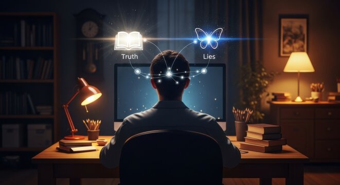 Deliberation of Truth and Falsehood: A silhouette figure gazes at a glowing display, contemplating the dichotomy of truth and falsehood, symbolized by a letter and butterfly.