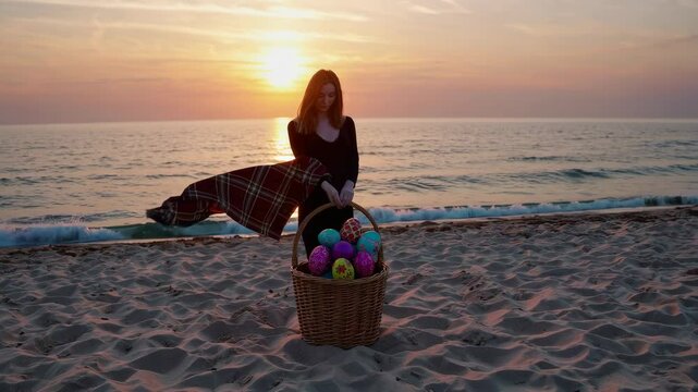 A woman carries a wicker basket with Easter Eggs, The setting sun and the wind blows the plaid on it. Sea sand and waves in the background
