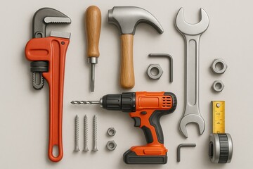 Fototapeta premium Assortment of hand and power tools including a wrench hammer drill and screws
