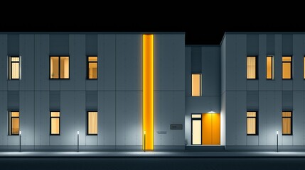 Modern Minimalist Building Exterior at Night with Yellow Accent Lights.