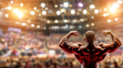 Inspiring bodybuilder captured in energetic fitness competition arena stage photography