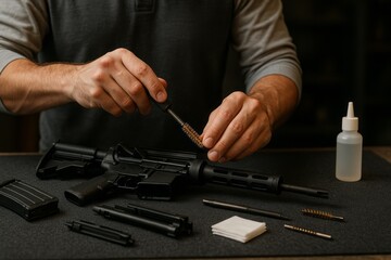 Hands cleaning a rifle with a brush with cleaning supplies on a mat gun