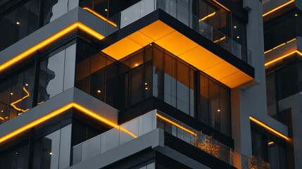 Modern Minimalist Building Exterior at Night with Yellow Accent Lights.