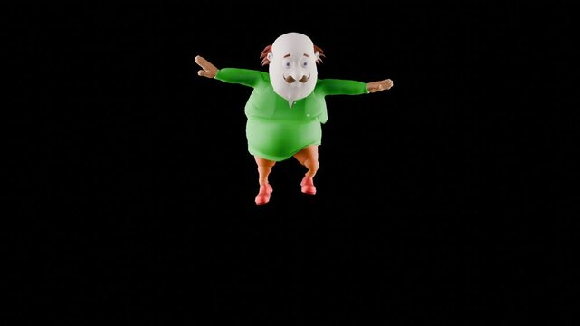 3d render buncit in action. character of a half-bald old man with a pot belly. transparent background. PNG sequence.
