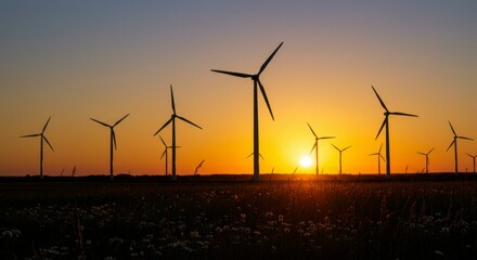 Silhouetted wind turbines against a brilliant sunset. A renewable energy landscape