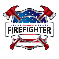 Patriotic proud American firefighter emblem with the American fag. Metallic red white ad blue colored firefighter Maltese cross with axe and flag 