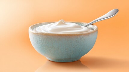 Photo of a bowl of creamy, plain yogurt with a spoon sits on a smooth surface, ready to be enjoyed as a healthy snack