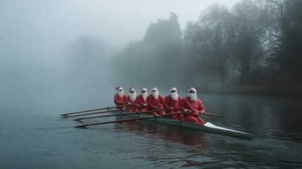 Rowing team in santa suits on foggy lake