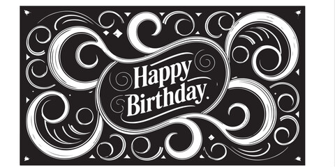 Happy birthday message in white with ornate black background and swirling decorative elements design