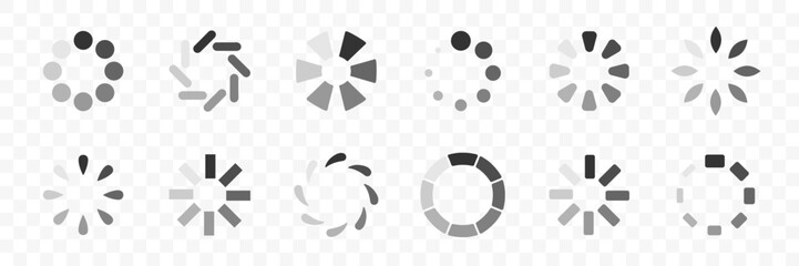 Loading spinner collection in flat monochrome style. Circular progress indicators for UI design, preloaders and buffering animations