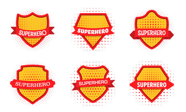 Superhero badge collection in comic style. Red and yellow labels with ribbon banners