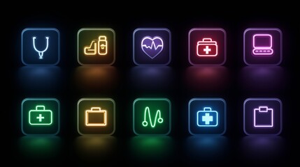 Neon Healthcare System Icons on Abstract Gradient Background.