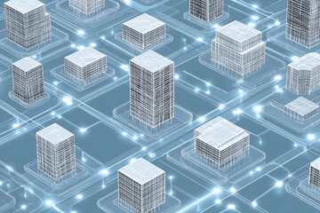 3D illustration of interconnected buildings in a digital cityscape, showcasing a network of structures with glowing lines representing data flow and urban connectivity