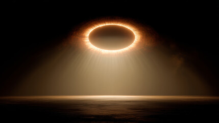 A Solitary Figure Gazing at a Fiery Celestial Anomaly, a Bright Red Ring of Light Suspended Above a Misty Horizon, Evoking Mystery and Wonder, Creating a Sense of Isolation and the Unknown

