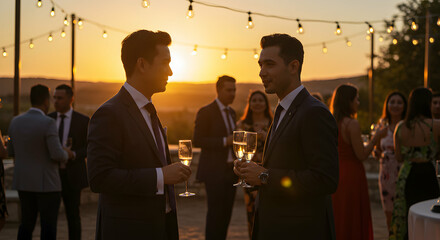 Two businessmen converse at a sophisticated sunset cocktail party, enjoying drinks with colleagues and friends during a summer evening event.